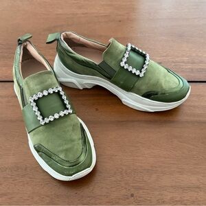 Per Fidem Gilda Green Suede Rhinestone Buckle Slip-On Sneakers size 9.5